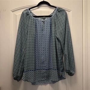 Max Studio Women’s Floral Peasant Keyhole Tunic Top Blouse‎ Size L Green Blue